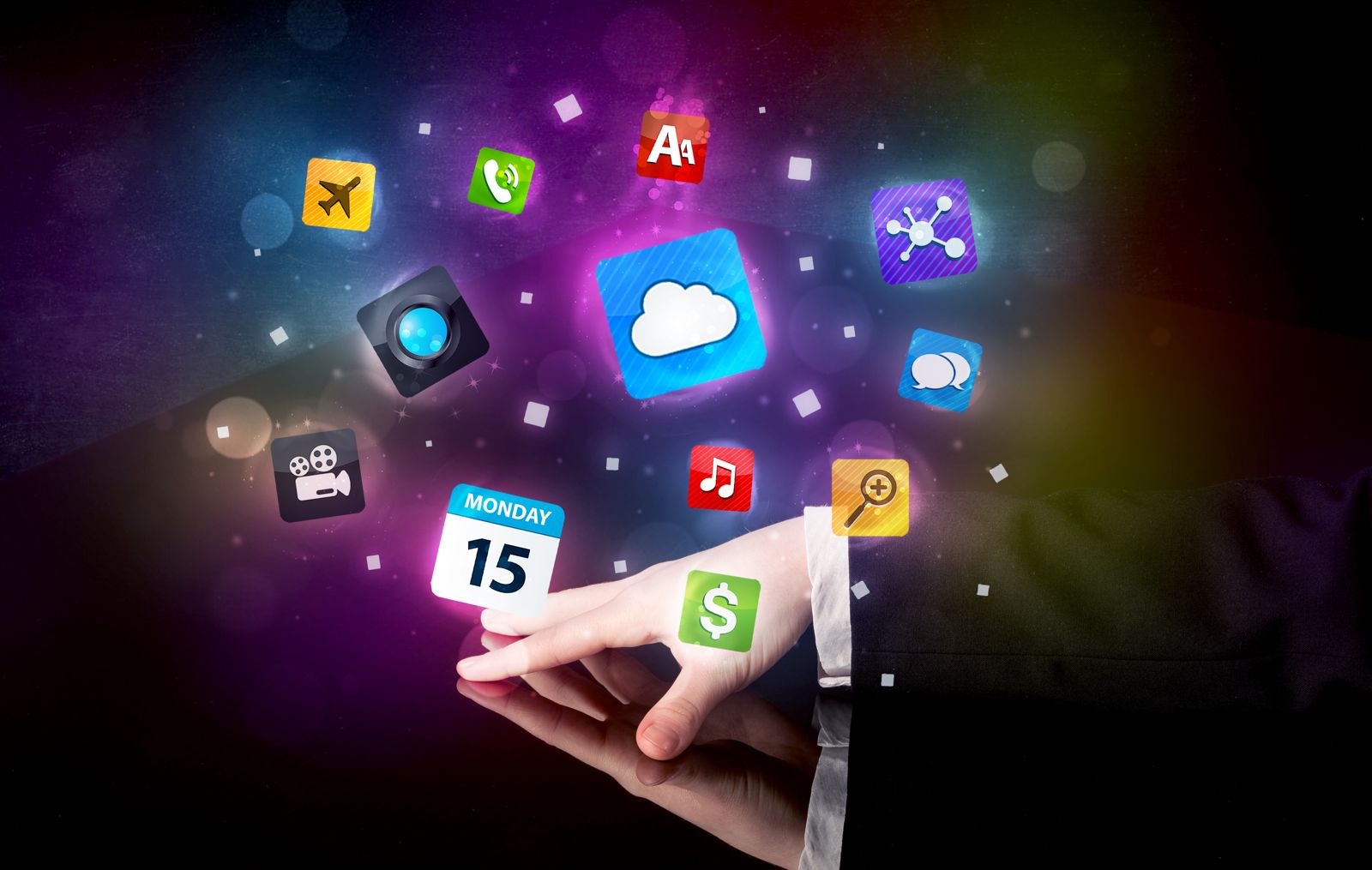 Glowing app icons for calendar, cloud, chat and payments rising from a hand
